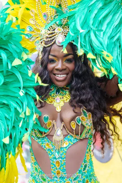 Details of the feathers and beadwork of a green and yellow Carnival costume in Santa Teresa, Rio de Janeiro