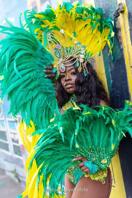 Detalles de las plumas y los bordados de un disfraz de Carnaval verde y amarillo en Santa Teresa, Río de Janeiro